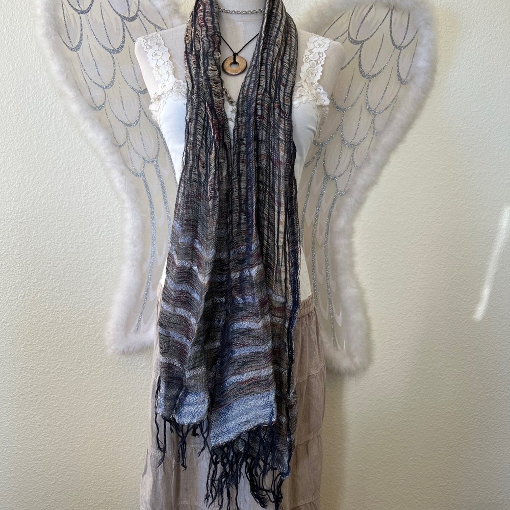 Dark Romantic Scarf Viscose Lurex Striped Fringed Boho‎ Whimsygoth Multi Color